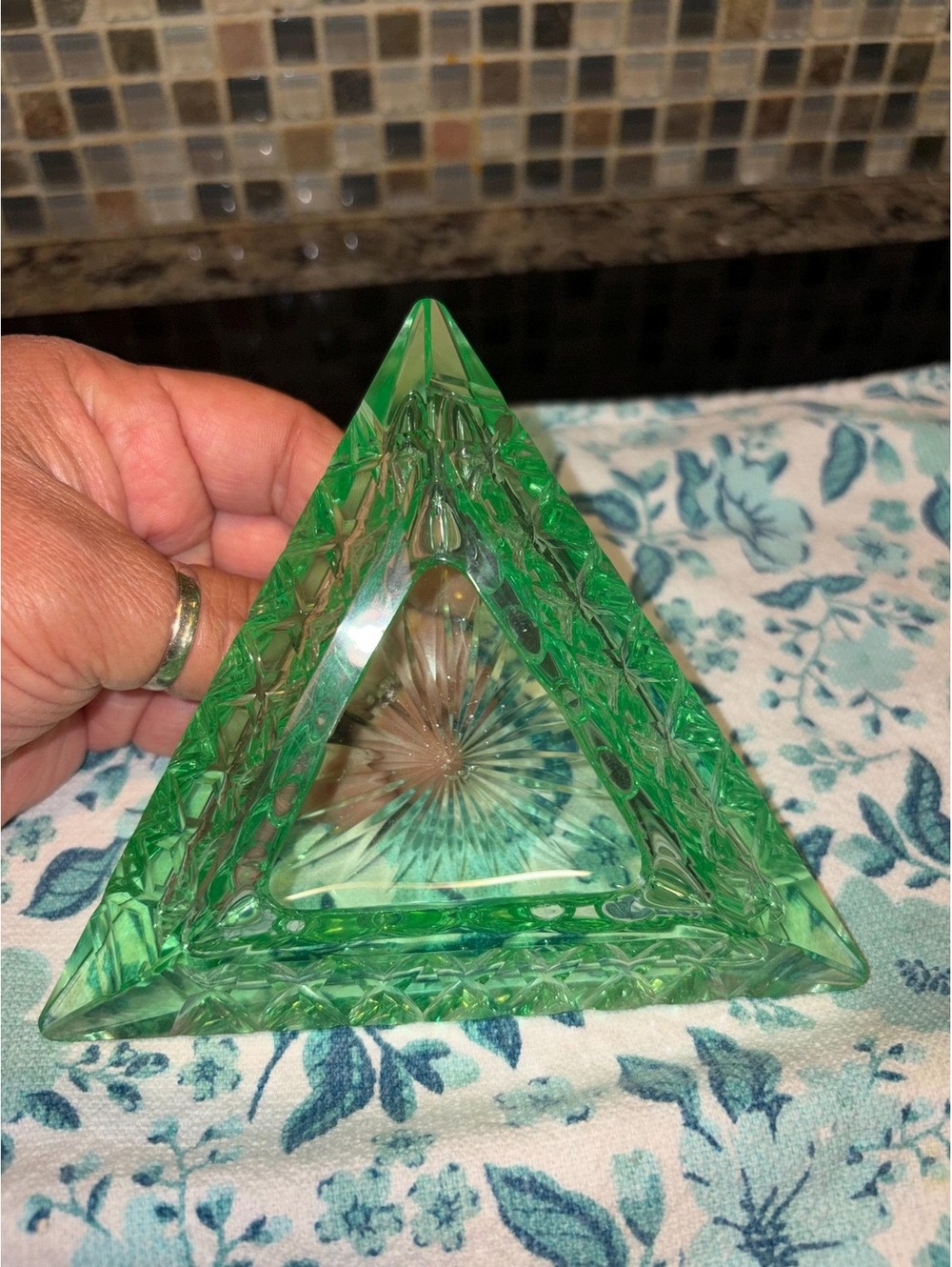 mid-century Swedish green glass triangular salt cellar by Fåglavik Glasbruk.